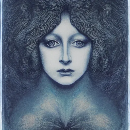 Image similar to Close-up of Goldfrapp, pencil drawing. El Greco, Remedios Varo, Salvador Dali, Carl Gustav Carus, John Atkinson Grimshaw. Blue tint. Symetrical, logo, geometric shapes.