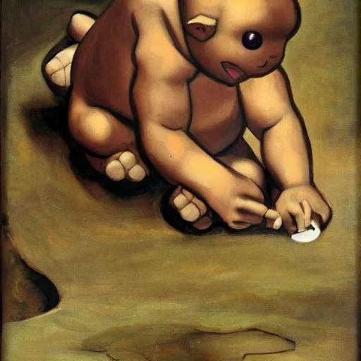 Prompt: Pokemon Geodude rolling a puddle painted by Caravaggio. High quality.