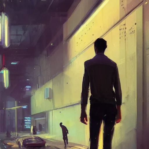 Prompt: concept art by greg rutkowski, a very tall and slender young man walking through the interior of a brutalist looking neighborhood full of holograms and shops while he smokes a cigarette, ambient lighting in neon tones, scifi, highly detailed portrait, digital painting, artstation, concept art, smooth, sharp foccus ilustration, artstation hq