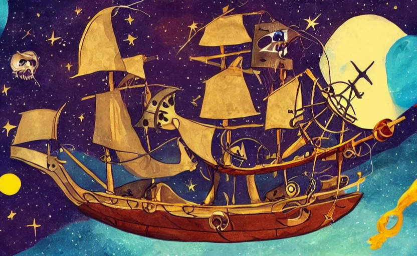 Prompt: pirate ship in space, storybook, gouache, flat, concept art, lush