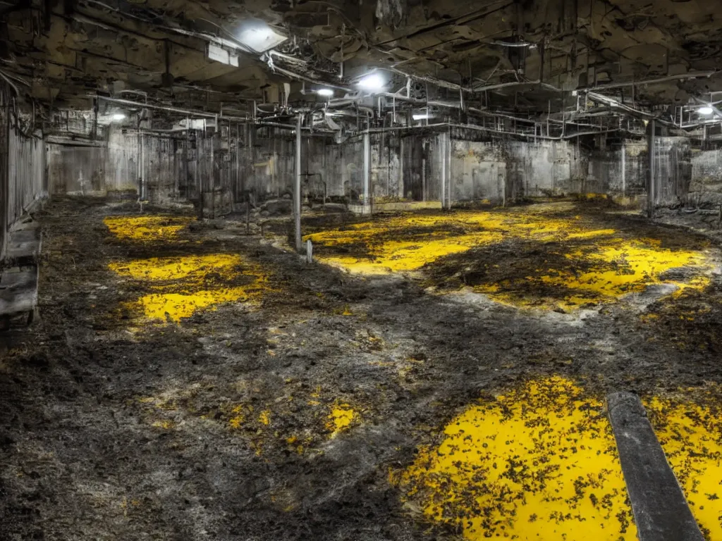 Image similar to photo of an underground waste facility, dark gloomy lighting, catwalks, yellow pools of sludge, rust