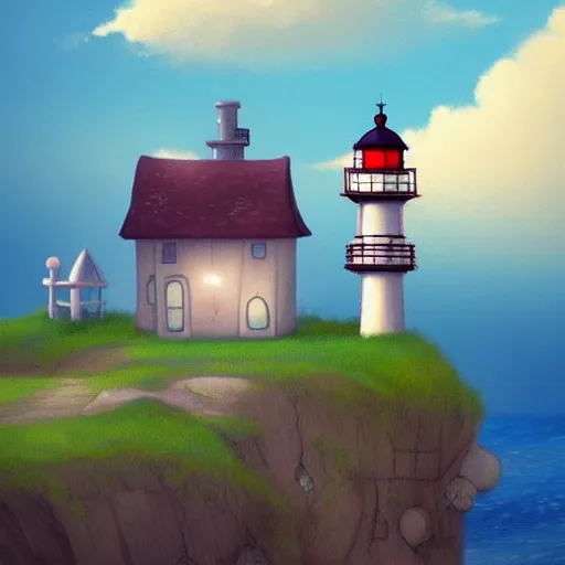 Prompt: beautiful cute cozy little lighthouse by the sea, puffy clouds, style of hayao miyazaki, digital art trending on artstation