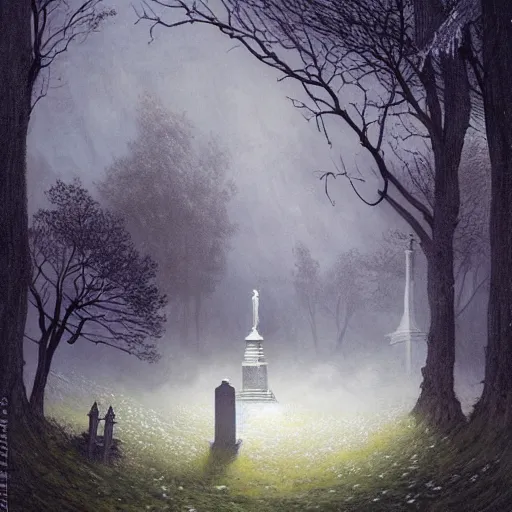 Prompt: The last spirit living in the cemetery, flowers, illustrated by Greg Rutkowski and Caspar David Friedrich