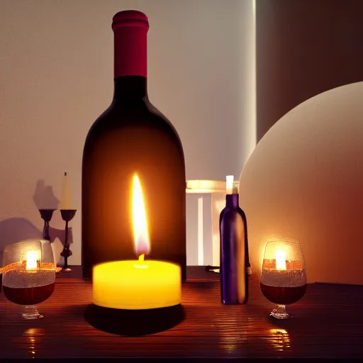 Image similar to wine bottle in candle - lit cool luxury igloo, highly detailed, concept art, realistic, octane render, unreal engine, up close shot