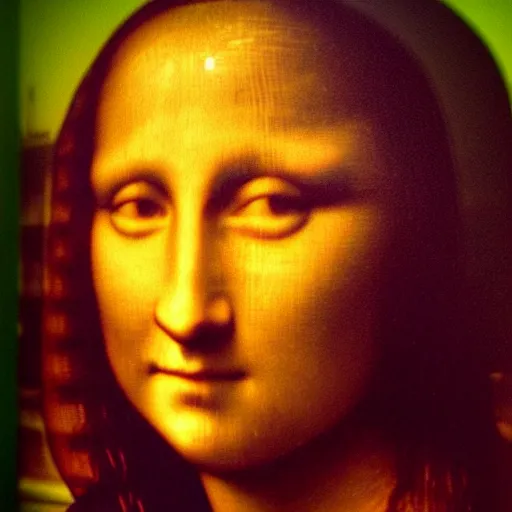 Prompt: fish eye of mona lisa looking me, dark lighting