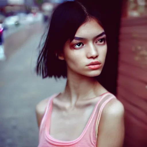 Prompt: she, amazing, snapshot of, face, eyes, hair, neck of beautiful, fashionable, elegant, conservative, young, uzbek, fashion model and student, slender, tank top, denim shorts. image quite stunningly complex. nikon fm 2 film blow - up