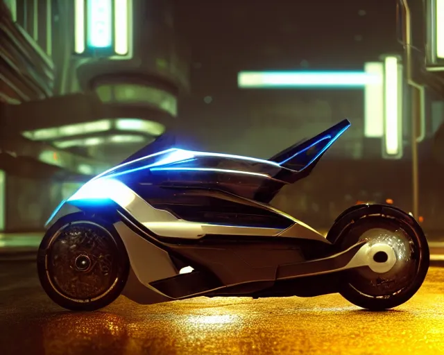 Prompt: off angle beautiful Product shot film still of a halo Mass effect futuristic modern electric tron motorcycle speeding down a wet street at night in cyperpunk city, motion, hard surface modeling, blade runner, octane, Ian Callum, Giorgetto Giugiaro, Leonardo Fioravanti , low polygon, chrome, trending on artstation, art by Karol Bak, Karol bak pastiche by Peter Mohrbacher, unreal, redshift, 3d model, 8k