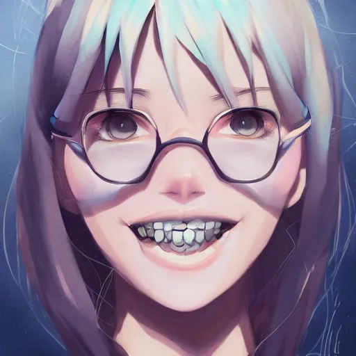 Prompt: portrait of a girl with teeth braces, style of makoto shinkai and artgerm and loish, dynamic lighting trending on artstation