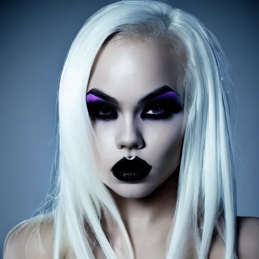 Image similar to modeling photograph kerli koiv in latex bikini, blonde, beautiful, dark, mysterious, bubble goth makup, detailed symmetrical face, dramatic darkroom lighting high exposure