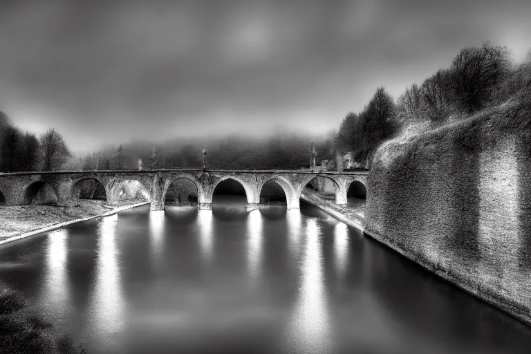 Prompt: masterpiece monochromatic lomography landscape of ( pont saint ambroix ), ambrussum, cinematic lights, 8 k, long exposure, fog in the background, soft blue tones, artstation, deviantart