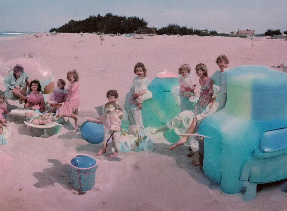 Image similar to a pastel coloured vintage family holiday photo of an empty beach from an alien dreamstate world with chalky pink iridescent!! sand, reflective lavender ocean water, dim bioluminescent plant life and an igloo shaped plastic transparent hot dog stand surrounded by holiday clutter opposite a pit with an iridescent blue flame flickering. glare. refraction, volumetric light.