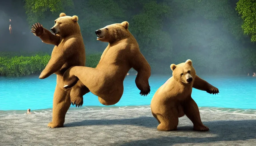 Image similar to fullbody portrait of bears playing capoeira in a hot spring. volumetric light, detailed, photorealistic, fantasy, rendered in octane