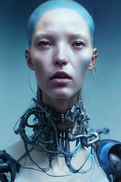 Prompt: an image of a beautiful young 28th century super cool post-human female, barely human and largely biomechanical machine, hyper-realistic cyberpunk style, Peter Mohrbacher Takayuki Takeya moody, face by Yanjun Cheng, Irakli Nadar, dramatic cinematic lighting rendered by octane, 8k, detailed, intricate, clean and textures, trending on artstation, deviantart google images, pinterest