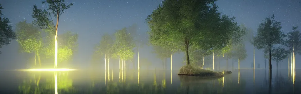 Image similar to fantasy forest of glowing trees and glowing flying insects, a lake reflecting the lights, myst on the air, cinematic feel, hyper realistic, high detail, blender render .