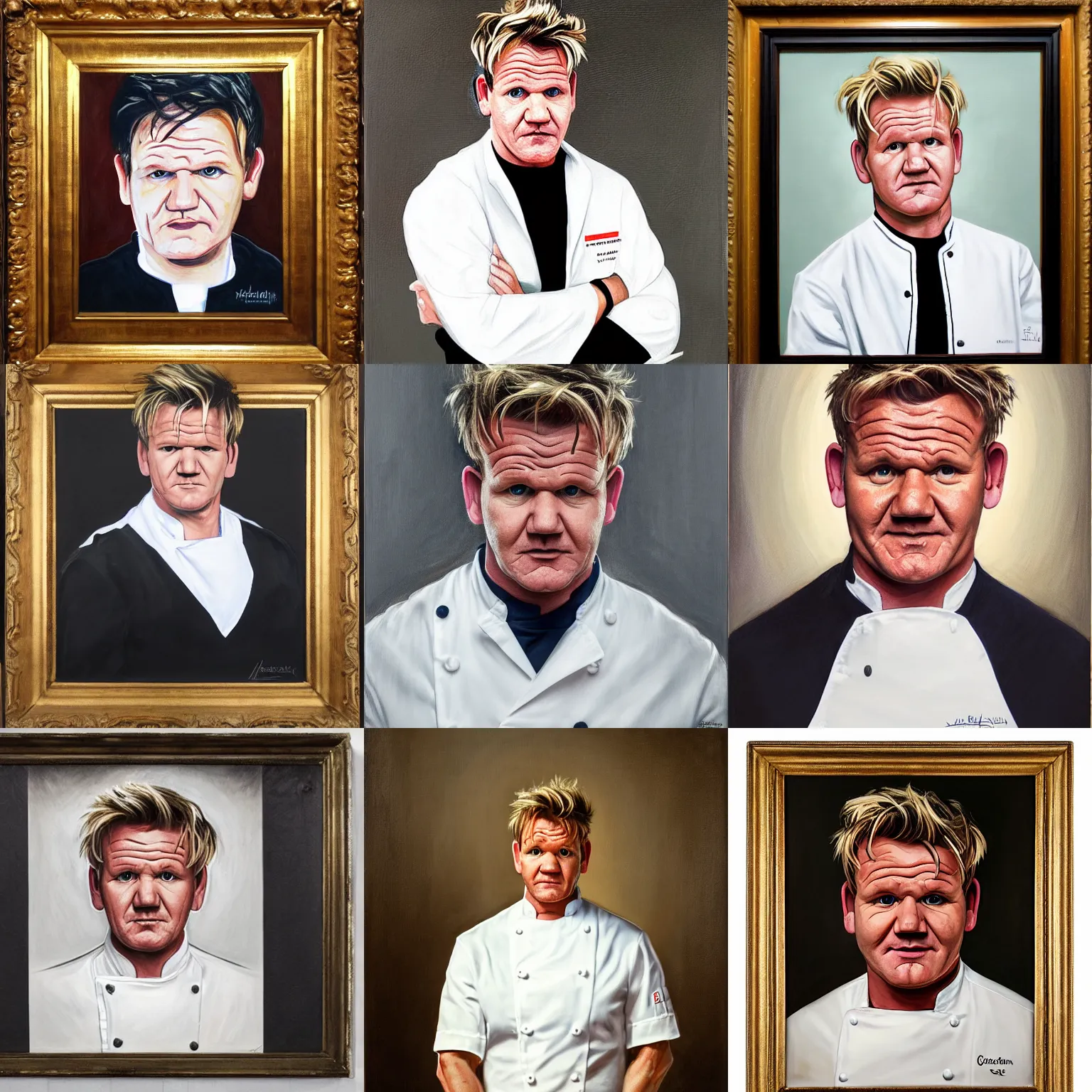 Prompt: a portrait of gordon ramsay in a chef uniform, neoclassicism, oil on canvas, hatching technique