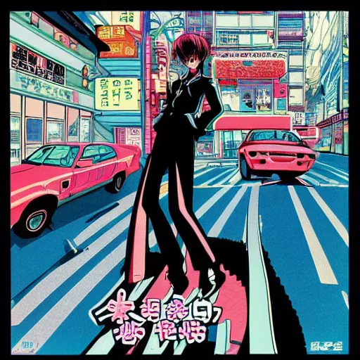 Prompt: album - cover of a 1 9 8 0 s japanese city - pop record featuring an anime illustration by leiji matsumoto. cute stylish woman ; sports car ; neon ; urban summer drive.