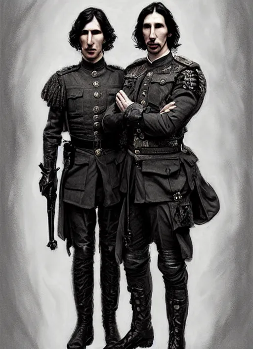 Prompt: portrait of two people, john oliver is short, adam driver is tall, standing together, stoic, full body, military uniform, fantasy, intricate, elegant, beautiful, highly detailed, charcoal, centered, dark, smokey, digital painting, artstation, concept art, smooth, sharp focus, illustration, art by artgerm and greg rutkowski and alphonse mucha