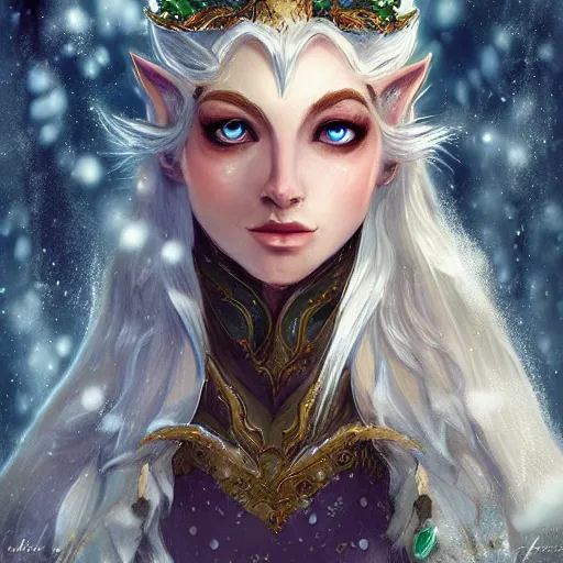 Prompt: a high fantasy portrait of a snow elf, winter eladrin, semi - realism, very beautiful, very attractive, high quality, digital art, trending on artstation