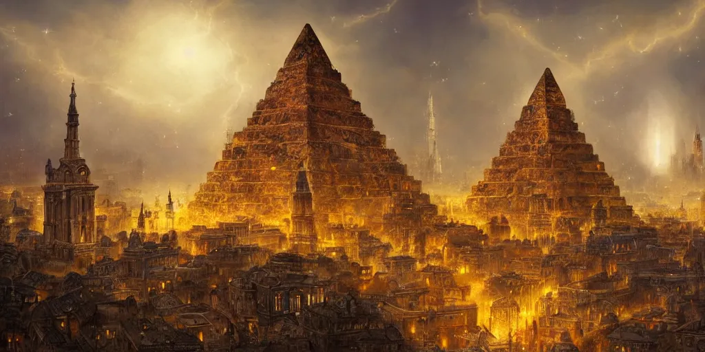 Image similar to magical city of the Great Tartarian Empire adorned with amazing lost technology, lighting resembling fireflies, spires from rooftops collecting and distributing etheric energy, the centerpiece of the city is a colossal ancient pyramid made of metal, cityscape, combining intense detail & utmost quality, Christian Hecker, Artstation, - H 832