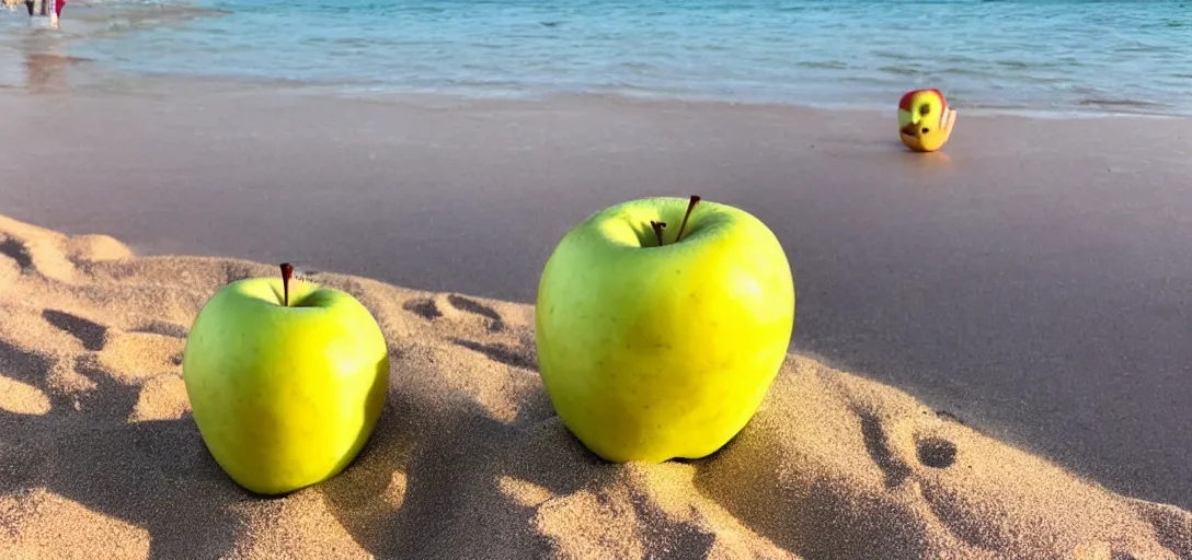 Prompt: an apple at the beach with his friend the banana