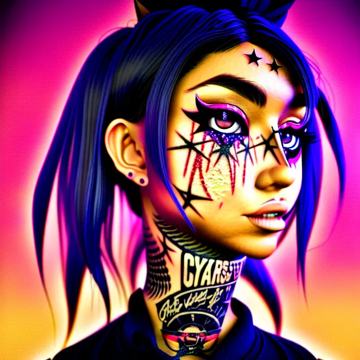 Image similar to a streetwear mixed woman wearing thick mascara by Studio Trigger, crying, a city on fire in the background, police lights shine on her face, tattoos, dark glitter makeup, Cinestill 50d, 4k, 8k, hd, full color, octane render, trending on artstation, highly detailed