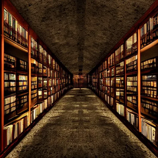 Prompt: the interior of a non-Euclidean library, creepy, demonic, eyes in the darkness
