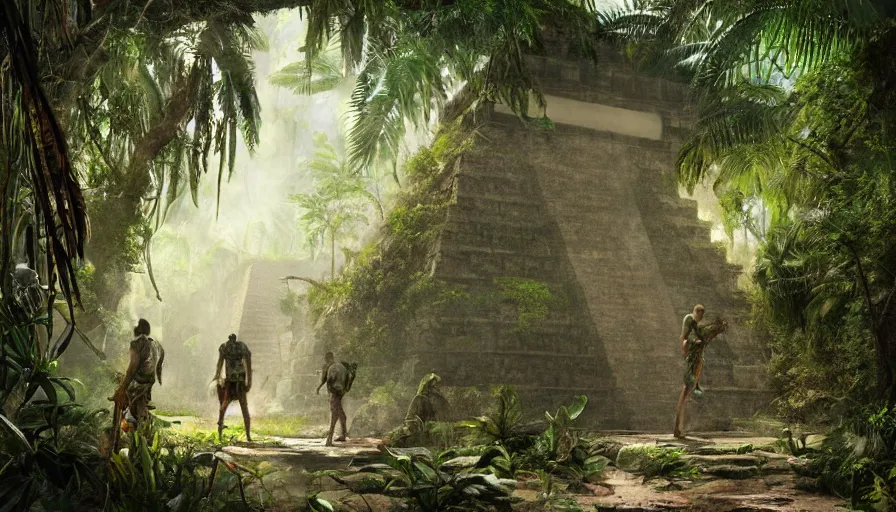 Image similar to Walker discovering the entrance of an ancient Mayan city in the jungle, hyperdetailed, artstation, cgsociety, 8k