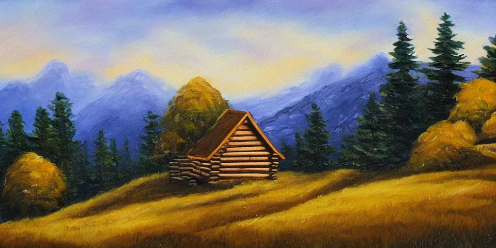 Image similar to a log cabin on a windy hillside, style of bob ross, oil painting,