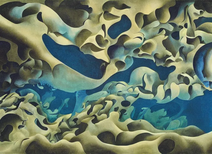 Image similar to an underwater landscape painted by georgia o'keeffe, mc escher, gordon onslow ford and ippolito caffi,