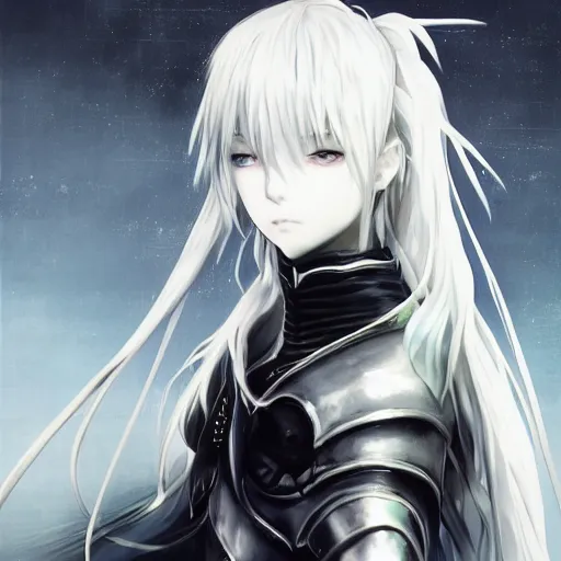 Image similar to Blurred and dreamy illustration of an anime girl with a pirate eye patch, wavy white hair and cracks on her face wearing elden ring armour with the cape fluttering in the wind, Yoshitaka Amano, abstract black and white patterns on the background, noisy film grain effect, highly detailed, Renaissance oil painting, weird portrait angle