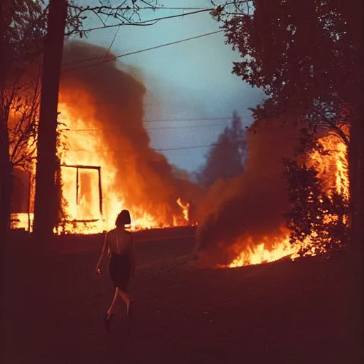 Prompt: Gregory Crewdson full color Photography, A woman walks calmly while her house is on fire, atmospheric lighting , moonlight