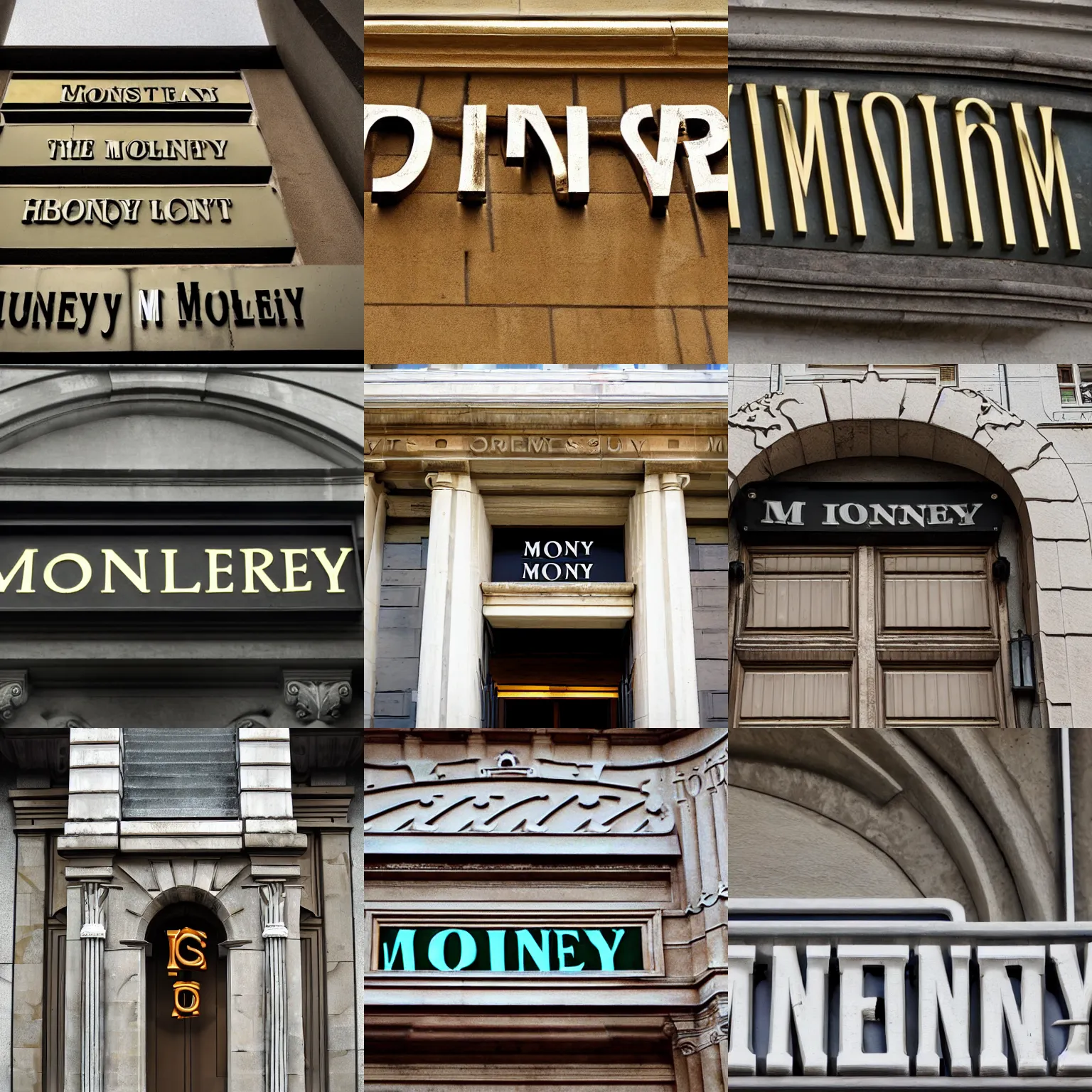 Prompt: the word money over a building entrance