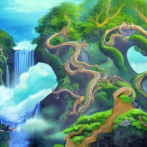 Prompt: islands in the sky with waterfalls and dragons, digital art, aesthetic, astonishing detail
