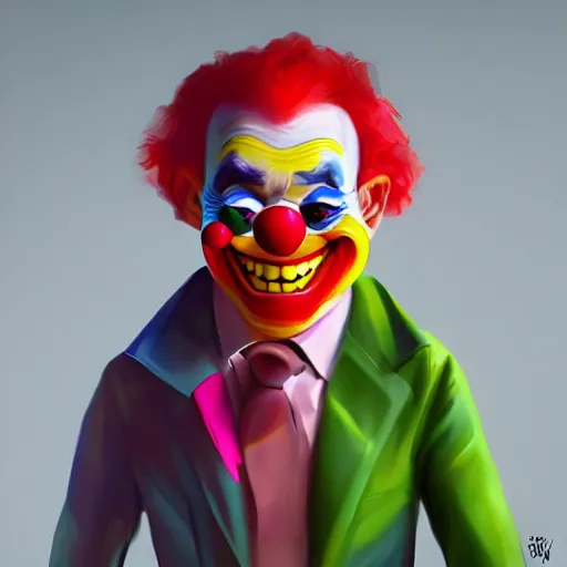 Image similar to Portrait of a colorful happy joyful funny smiling clown, artstation, cgsociety, masterpiece