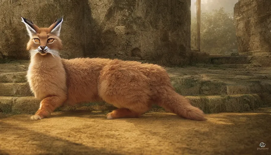 Image similar to wooden barrel on one side, fullbody photo of cute fluffy caracal in it, ancient greek city, sunny day, by ilya kuvshinov, rtx rendering, octane render 1 2 8 k, maya, extreme high intricate details by tom bagshaw, medium shot, close up shot, composition by sana takeda, lighting by greg rutkowski