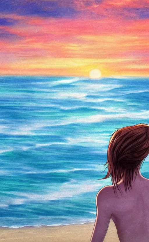 Image similar to woman looking at the sea on the beach during sunset, realistic shaded, highly detailed, anime, realistic