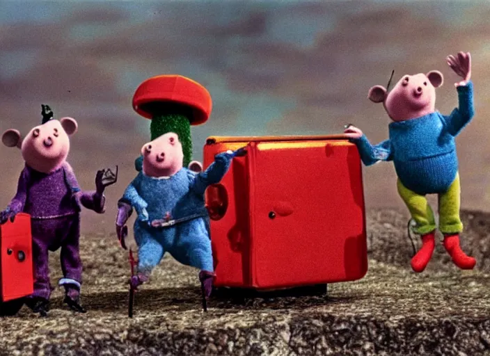 Prompt: a scene from a 1 9 7 0 s british kids tv programme by the bbc and oliver postgate, stop motion animation, the clangers, postman pat, vhs distortion, folk horror