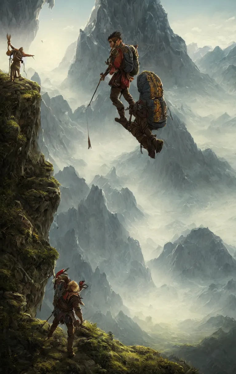 Prompt: an oil art close - up portrait painting of a single lone young handsome fool adventurer with adventurer hiking backpack, centered, grim gwent card, single lone gipsy mage adventurer character design from inquisition, on a cliff looking out to a fantasy mountain landscape, 4 k, ultra detail, volumetric lighting, unreal engine, octane render, tom bagshaw, andreas rocha