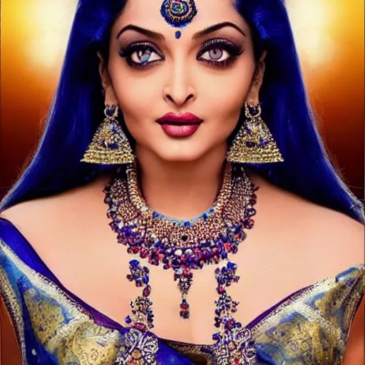 Image similar to extremely beautiful aishwarya rai as a blue - skinned indian goddess with six arms, symmetric, aesthetic!!!, cosplay, studio lighting, beautiful symmetric face, clean composition, highly symmetric body parts, gazing eyes, blue skin, blue body paint