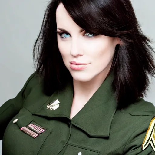 Prompt: brunette woman, short flip out hair, emerald eyes, black military uniform