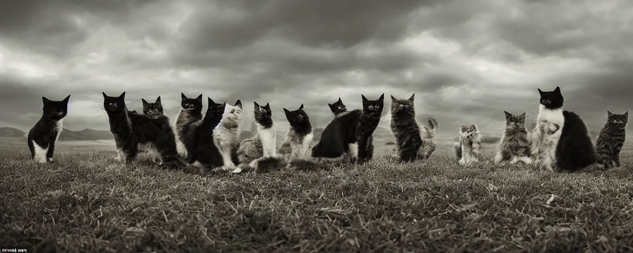 Image similar to 'a vast moody landscape, thousands of cats face an opposing group of dogs, photographic, wide-shot, outdoors, dramatic lighting'