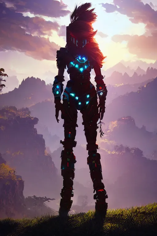 Image similar to combination suit armor aloy horizon forbidden west horizon zero dawn radiating a glowing aura global illumination ray tracing hdr fanart arstation by ian pesty and alena aenami artworks in 4 k tribal robot ninja mask helmet backpack