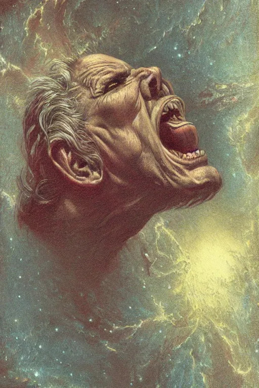 Image similar to an old man screams and a tornado comes out of his mouth by artgem and les edwards, gustave dore, highly detailed, high contrast, light reflection, trippy, nebula, trending on artstation