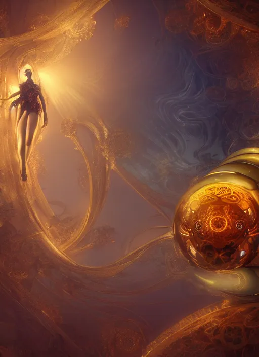 Image similar to flowers within the whole infinite capsule apparent with awe the apparition, an idea seep's into infinity highly detailed in volumetric latent space, golden turquoise steampunk, high contrast cinematic light, mystical shadows, sharp focus, divine realm of gods, octane render, artist by boris vallejo,