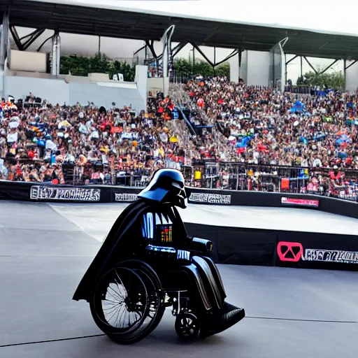 Prompt: darth vader in a wheelchair on a half pipe ramp at x - games action photo magazine