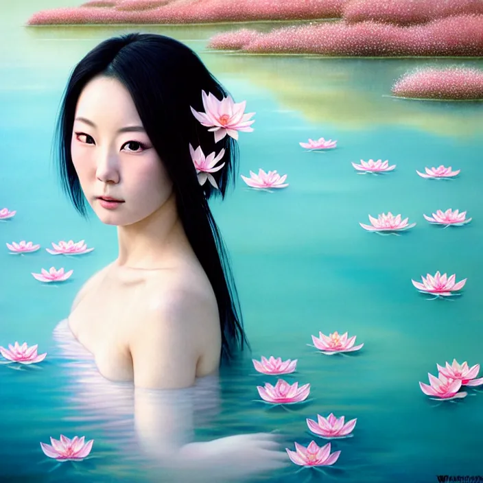 Prompt: Kodak Portra 400, 8K, soft light, volumetric lighting, highly detailed, Rena Nounen style 3/4 ,portrait photo of a Japanese ravishing Goddess how WLOP painter, the face emerges from the water of Pamukkale with lotus flowers, inspired by Ophelia paint , a beautiful chic dress and hair are intricate with highly detailed realistic beautiful flowers , Realistic, Refined, Highly Detailed, ethereal lighting colors scheme, outdoor fine art photography, Hyper realistic, photo realistic