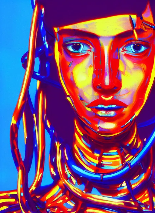 Prompt: extreme long shot, kodachrome, oil painting, melting face, cyberpunk 2 0 y. o model girl, wrapped in wires and piones, clear blue sky vintage style, looking straight ahead, in the style of yayoi kusama, technicolour, lineart, higly detailed, artstation
