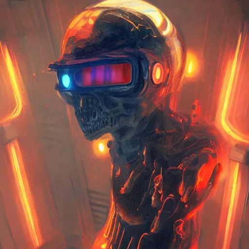 Prompt: humanoid yellow electric ghostly transparent lightning elemental wearing red and blue sci-fi goggles, haunted spaceship hallway, sci-fi artwork, horror, 8k, concept art, dramatic pose, art by artgerm and greg rutkowski, close shot, trending on artstation, creepy atmosphere