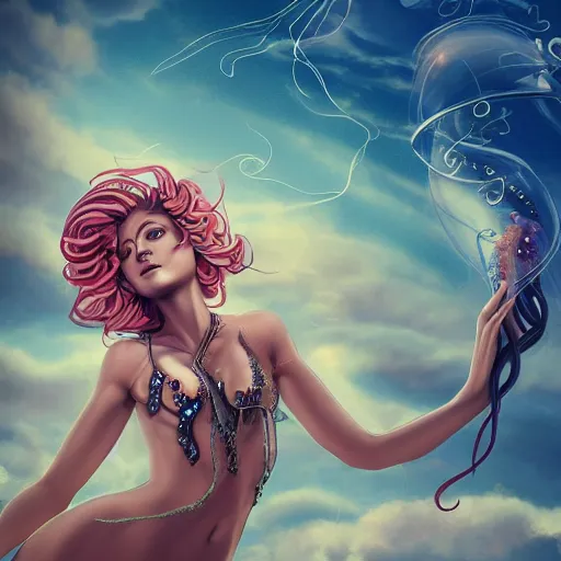 Prompt: Full body photo of the most beautiful goddess, she has a jellyfish-phoenix head's and a siren body, some tentacles are touching her, she flying to heaven through the cumulus clouds, by Tooth Wu, trending on Artstation, digital art, symmetrical artwork, cinematic, hyper realism, high detail, octane render, 4k, 8k