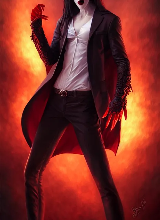 Image similar to vampire in the style of stefan kostic, realistic, full body shot, wide angle, sharp focus, 8 k high definition, insanely detailed, intricate, elegant, art by stanley lau and artgerm, floating embers